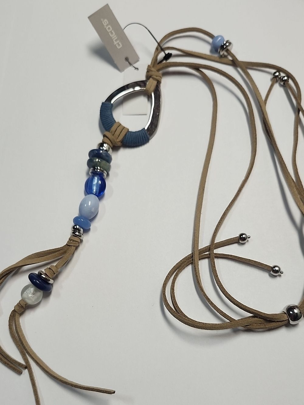 Chico's Blue Bead and Tan Suede Pendant Necklace